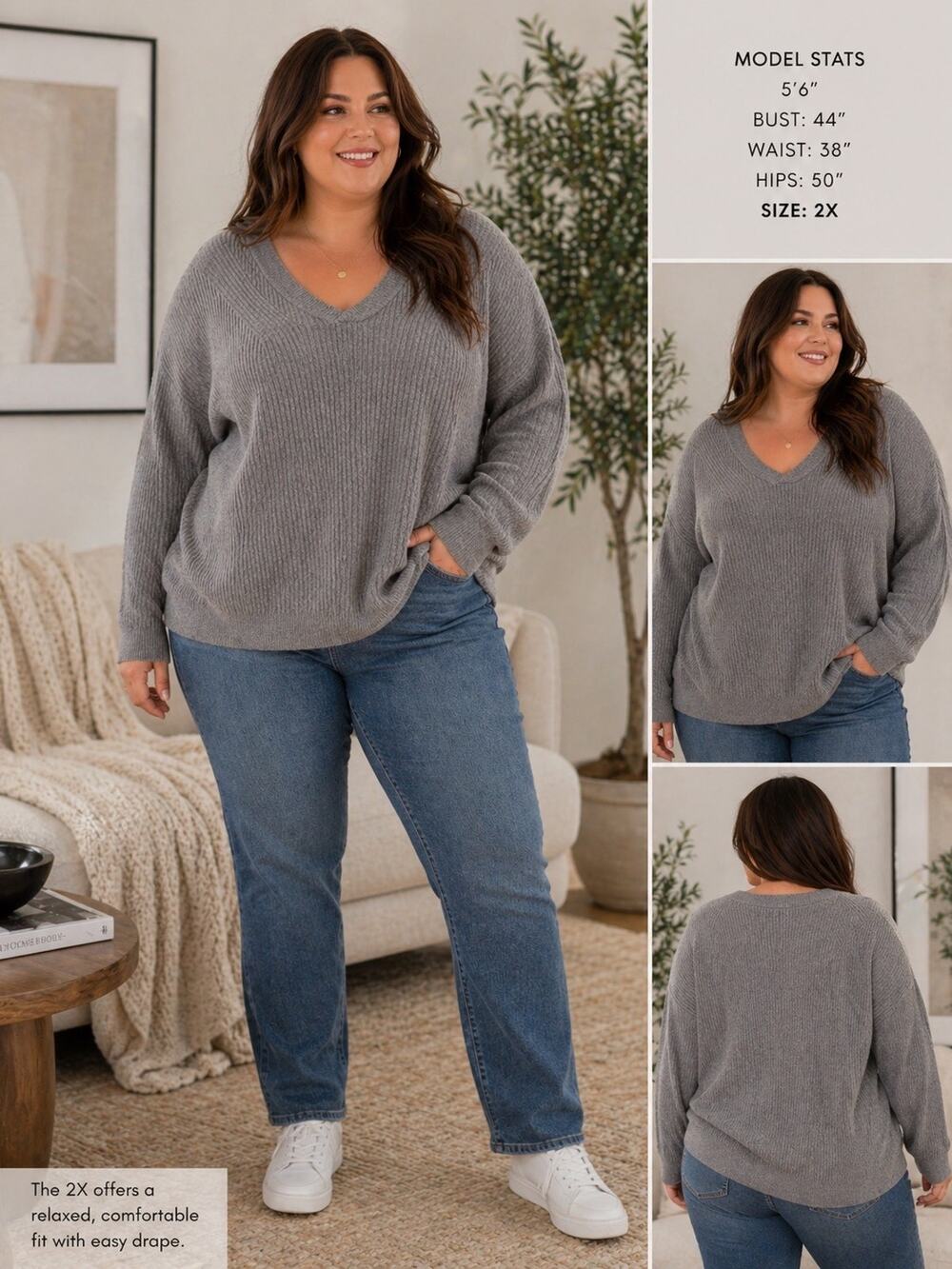 Barefoot Dreams CozyChic Ultra Lite Sweater 2X Gray V-Neck Ribbed Soft